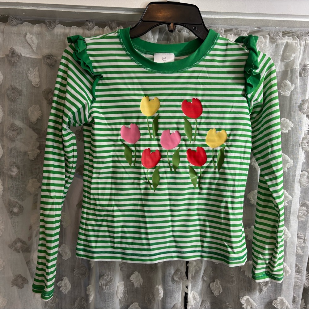 Hanna Andersson Green & White Striped Rashguard with Red, Pink & Yellow Tulips
